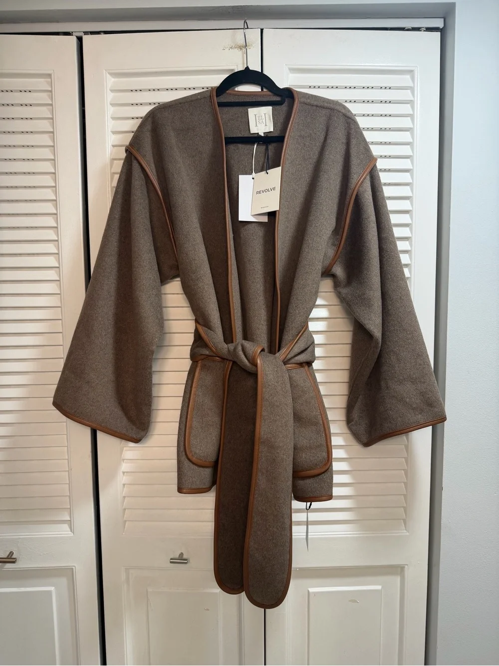 HELSA Taupe Open-Front Jacket with Brown Faux Leather Trim